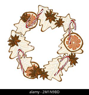 Couronne de Noël avec biscuits, cupcake, bâtons de cannelle, orange, étoile anis. Conception de l'emballage. Banque D'Images