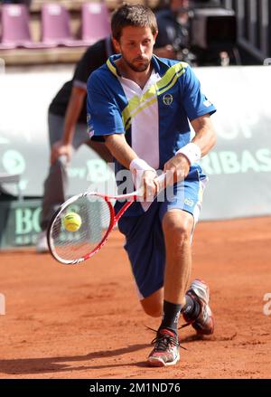 20120916 - BRUXELLES, BELGIQUE : Vinciguerra suédoise photographié pendant le cinquième match de la coupe Davis entre la Belgique et la Suède, pour le Groupe mondial au Royal Primerose tennis Club à Bruxelles, dimanche 16 septembre 2012. Belge Steve Darcis joue le dernier des cinq jeux contre le suédois Andreas Vinciguerra. La Belgique a remporté les trois premiers matchs et est qualifiée pour le groupe mondial de la coupe Davis. BELGA PHOTO VIRGINIE LEFOUR Banque D'Images