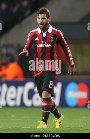 20121121 - BRUXELLES, BELGIQUE: Antonio Nocerino de Milan photographié pendant le match de football entre le Belge RSC Anderlecht et l'Italien AC Milan, le cinquième jour du groupe C de la Ligue des Champions groupe C mercredi 21 novembre 2012 à Bruxelles. BELGA PHOTO VIRGINIE LEFOUR Banque D'Images