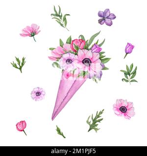Un bouquet d'anémone aquarelle. Fleurs avec feuilles vertes en papier rose isolées sur fond blanc. Saint-Valentin, Fête des mères. Pour carte postale Banque D'Images