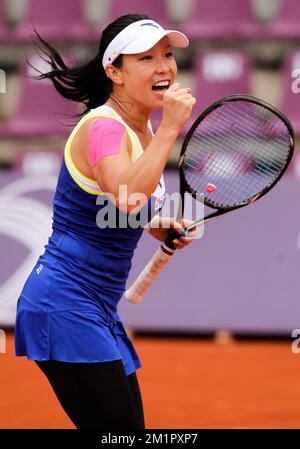 Le Chinois Jie Zheng célèbre lors d'une première partie de Caroline Wozniacki danoise et Jie Zheng chinoise lors de l'Open de tennis de WTA Bruxelles à Bruxelles, le mercredi 22 mai 2013. BELGA PHOTO VIRGINIE LEFOUR Banque D'Images