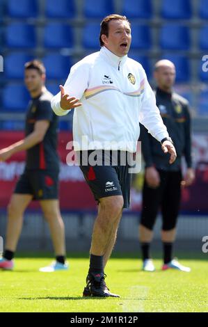 Marc Wilmot, entraîneur-chef de Belgique, photographié lors d'une session d'entraînement de l'équipe nationale de football belge, mercredi 05 juin 2013 à Genk. Les Red Devils se préparent à leur jeu de qualification pour la coupe du monde de la FIFA 2014 contre la Serbie sur 7 juin. Banque D'Images