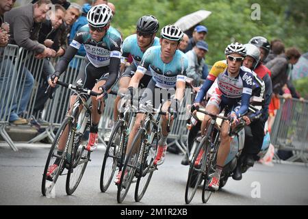 Belge Dries Devenyns de l'équipe Omega Pharma - Quick Step, champion national belge Tom Boonen de l'équipe Omega Pharma - Quick Step et Bart belge de Clercq de Lotto - Belisol en action pendant le championnat national belge de cyclisme pour hommes élite, dimanche 23 juin 2013, à la Roche-en-Ardenne. BELGA PHOTO DAVID STOCKMAN Banque D'Images