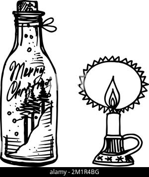 Noir Monochrome couleur Illustration pour Joyeux Noël et Joyeux nouvel an imprimé. Pot en verre avec bougie. Coloriage Book page Design pour adultes ou enfants Illustration de Vecteur