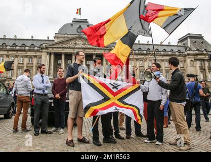 20130703 - BRUXELLES, BELGIQUE : l'illustration montre des personnes avec des drapeaux belges devant le palais royal à la Paleizenplein - place des Palais à Bruxelles, mercredi 03 juillet 2013. A 18h00 ce soir, le roi Albert II de Belgique a annoncé au peuple belge son interdiction du trône le 21 juillet. BELGA PHOTO OLIVIER VIN Banque D'Images