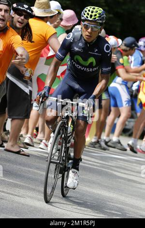 Colombian Nairo Quintana de Movistar photographié lors de la huitième étape de l'édition 100th de la course cycliste Tour de France, 194km de Castres à Ax 3 Domaines, France, le samedi 06 juillet 2013. Banque D'Images