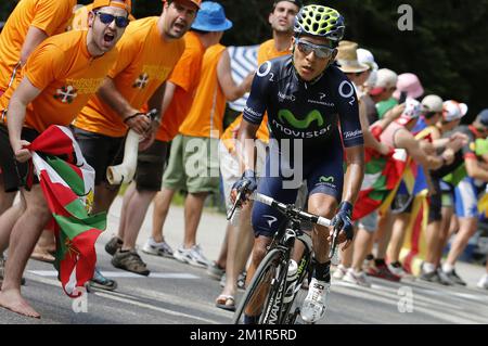 Colombian Nairo Quintana de Movistar photographié lors de la huitième étape de l'édition 100th de la course cycliste Tour de France, 194km de Castres à Ax 3 Domaines, France, le samedi 06 juillet 2013. Banque D'Images