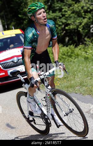 Français Thomas Voeckler de Team Europcar photographié lors de la huitième étape de l'édition 100th de la course cycliste Tour de France, 194km de Castres à Ax 3 Domaines, France, le samedi 06 juillet 2013. Banque D'Images