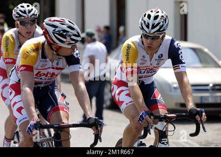 Frederik Willems Belge de Lotto - Belisol et Jurgen Roelandts Belge de Lotto - Belisol photographiés pendant la dixième étape du Tour de France, 197km de Saint-Gildas-des-Bois à Saint-Malo, France. Banque D'Images