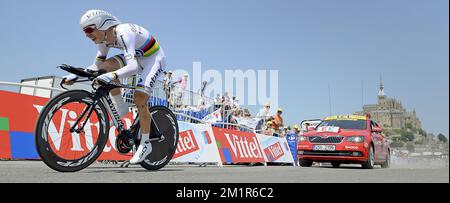 Tony Martin de l'équipe allemande Omega Pharma - Quick Step photographié lors de la onzième étape de l'édition 100th de la course cycliste Tour de France, un essai individuel de 33km heures d'Avranches à Mont-Saint-Michel, en France, le mercredi 10 juillet 2013. Banque D'Images