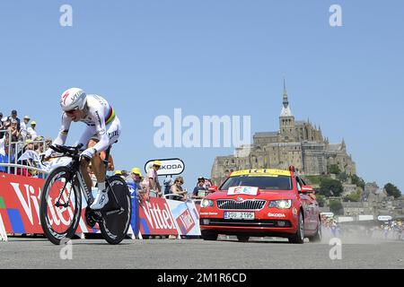 Tony Martin de l'équipe allemande Omega Pharma - Quick Step photographié lors de la onzième étape de l'édition 100th de la course cycliste Tour de France, un essai individuel de 33km heures d'Avranches à Mont-Saint-Michel, en France, le mercredi 10 juillet 2013. Banque D'Images