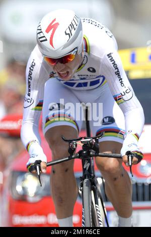 Tony Martin d'Allemagne de l'équipe Omega Pharma - Quick Step in action lors de la onzième étape de l'édition 100th de la course cycliste Tour de France, un essai individuel de 33km heures d'Avranches à Mont-Saint-Michel, France, le mercredi 10 juillet 2013. Banque D'Images