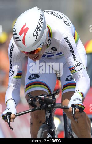 Tony Martin d'Allemagne de l'équipe Omega Pharma - Quick Step in action lors de la onzième étape de l'édition 100th de la course cycliste Tour de France, un essai individuel de 33km heures d'Avranches à Mont-Saint-Michel, France, le mercredi 10 juillet 2013. Banque D'Images