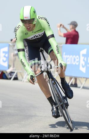 Belgian Maarten Wynants of Belkin Pro Cycling Team photographié lors de la onzième étape de l'édition 100th de la course cycliste Tour de France, un essai individuel de 33km d'Avranches au Mont-Saint-Michel, en France, le mercredi 10 juillet 2013. Banque D'Images