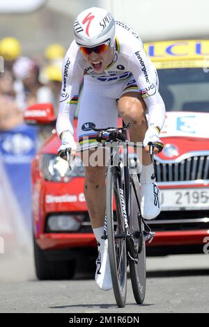 Tony Martin d'Allemagne de l'équipe Omega Pharma - Quick Step in action lors de la onzième étape de l'édition 100th de la course cycliste Tour de France, un essai individuel de 33km heures d'Avranches à Mont-Saint-Michel, France, le mercredi 10 juillet 2013. Banque D'Images