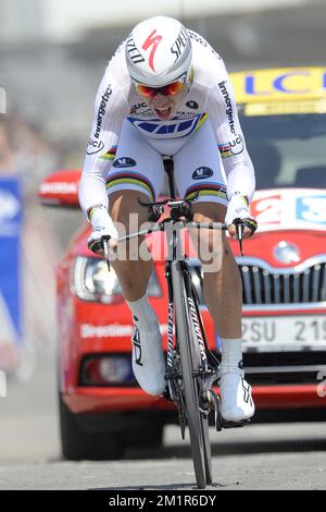 Tony Martin d'Allemagne de l'équipe Omega Pharma - Quick Step in action lors de la onzième étape de l'édition 100th de la course cycliste Tour de France, un essai individuel de 33km heures d'Avranches à Mont-Saint-Michel, France, le mercredi 10 juillet 2013. Banque D'Images