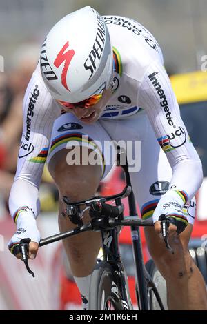 Tony Martin d'Allemagne de l'équipe Omega Pharma - Quick Step in action lors de la onzième étape de l'édition 100th de la course cycliste Tour de France, un essai individuel de 33km heures d'Avranches à Mont-Saint-Michel, France, le mercredi 10 juillet 2013. Banque D'Images