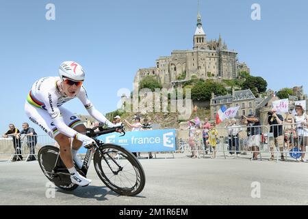 Tony Martin de l'équipe allemande Omega Pharma - Quick Step photographié lors de la onzième étape de l'édition 100th de la course cycliste Tour de France, un essai individuel de 33km heures d'Avranches à Mont-Saint-Michel, en France, le mercredi 10 juillet 2013. Banque D'Images