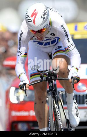 Tony Martin d'Allemagne de l'équipe Omega Pharma - Quick Step in action lors de la onzième étape de l'édition 100th de la course cycliste Tour de France, un essai individuel de 33km heures d'Avranches à Mont-Saint-Michel, France, le mercredi 10 juillet 2013. Banque D'Images