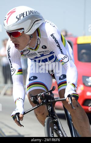 Tony Martin de l'équipe allemande Omega Pharma - Quick Step photographié lors de la onzième étape de l'édition 100th de la course cycliste Tour de France, un essai individuel de 33km heures d'Avranches à Mont-Saint-Michel, en France, le mercredi 10 juillet 2013. Banque D'Images