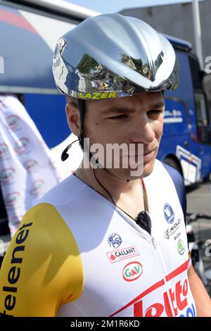 Belge Jurgen Roelandts de Lotto - Belisol photographié au début de la douzième étape de l'édition 100th de la course cycliste Tour de France, 218km de Fougères à Tours, France, le jeudi 11 juillet 2013. Banque D'Images