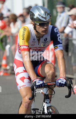 Belge Jurgen Roelandts de Lotto - Belisol photographié pendant la douzième étape de l'édition 100th de la course cycliste Tour de France, 218km de Fougères à Tours, France, le jeudi 11 juillet 2013. Banque D'Images