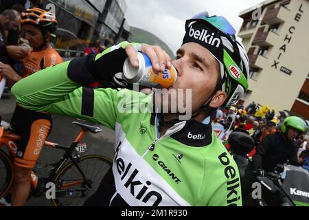 Belgian Maarten Wynants of Belkin Pro Cycling Team photographié après la phase 18th de l'édition 100th de la course cycliste Tour de France, à 168 km de Gap à Alpe d'Huez, France, le jeudi 18 juillet 2013. Banque D'Images