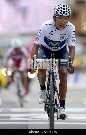 Colombien Nairo Quintana de Movistar photographié à la fin de l'étape 18th de l'édition 100th de la course cycliste Tour de France, à 168 km de Gap à Alpe d'Huez, France, le jeudi 18 juillet 2013. Banque D'Images