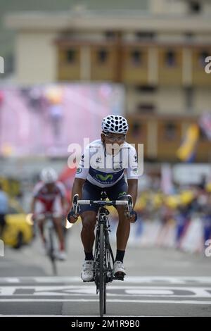 Colombien Nairo Quintana de Movistar photographié à la fin de l'étape 18th de l'édition 100th de la course cycliste Tour de France, à 168 km de Gap à Alpe d'Huez, France, le jeudi 18 juillet 2013. Banque D'Images