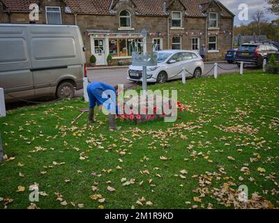 Un jardinier se délassiant autour des coquelicots en souvenir sur le vert du village, l'abbaye de Rosedale, dans le nord du Yorkshire Banque D'Images