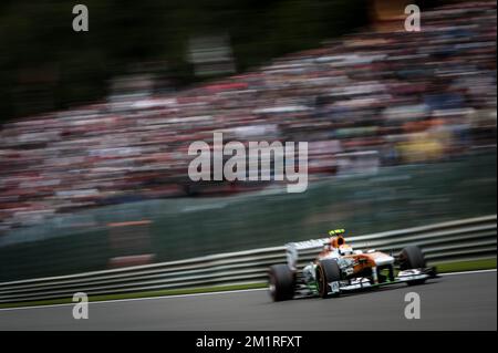 Allemand Adrian Sutil de Force India photographié pendant le Grand Prix F1 de Belgique, à Spa-Francorchamps, dimanche 25 août 2013. Le Grand Prix de Formule 1 Spa-Francorchamps a lieu ce week-end, du 23 au 25 août. BELGA PHOTO NICOLAS LAMBERT Banque D'Images