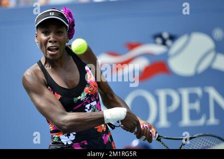 American venus Williams photographié lors du premier match entre le Belge Kirsten Flipkens (WTA 12) et le US venus Williams lors du tournoi de tennis américain Open Grand Chelem, à Flushing Meadows, à New York City, États-Unis, le lundi 26 août 2013. BELGA PHOTO YORICK JANSENS Banque D'Images