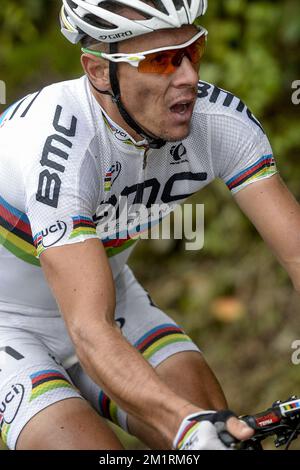 Belge Philippe Gilbert de BMC Racing Team photographié pendant le Grand Prix de Wallonie course cycliste d'une journée, à 203 km de Chaudfontaine à la citadelle de Namur, mercredi 18 septembre 2013. BELGA PHOTO DIRK WAEM Banque D'Images