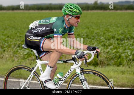 Français Thomas Voeckler de l'équipe Europcar photographié pendant le Grand Prix de Wallonie course cycliste d'une journée, à 203 km de Chaudfontaine à la citadelle de Namur, mercredi 18 septembre 2013. BELGA PHOTO DIRK WAEM Banque D'Images