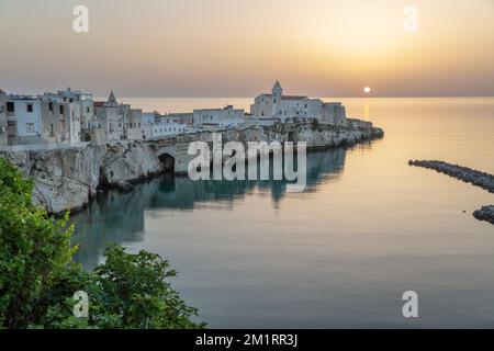 La vieille ville sur le promontoire au lever du soleil, Vieste, péninsule de Gargano, province de Foggia, Puglia, Italie, Europe Banque D'Images