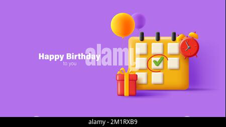icône du calendrier 3d avec date d'anniversaire des fêtes cochée et boîte cadeau et ballons avec rappel d'horloge Illustration de Vecteur
