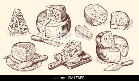 Esquisse de jeu de fromages dessinés à la main. Collection de produits laitiers. Illustration vectorielle de style gravure vintage Illustration de Vecteur