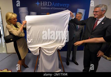 20131126 - MUMBAI, INDE: Vice-Premier ministre et ministre des Affaires étrangères Didier Reynders, ministre-président flamand Kris Peeters et princesse Astrid de Belgique photographiée lors d'une visite du laboratoire de diamants HRD Anvers à Mumbai, Inde, le mardi 26 novembre 2013, le troisième jour d'une mission économique de la princesse belge Astrid en Inde. BELGA PHOTO ERIC LALMAND Banque D'Images