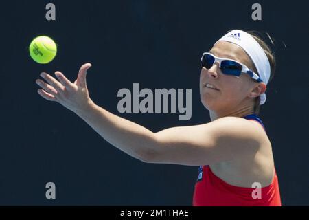 20131231 - AUCKLAND, NOUVELLE-ZÉLANDE: Belge Kirsten Flipkens photographié lors du premier match de la série entre Belge Kirsten Flipkens (WTA 20) et Puerto Rican Monica Puig (WTA 56), au tournoi de tennis ASB Classic 2014 à Auckland, Nouvelle-Zélande, le mardi 31 décembre 2013. Le tournoi aura lieu du 30 décembre 2013 au 04 janvier 2014. BELGA PHOTO DAVID ROWLAND Banque D'Images