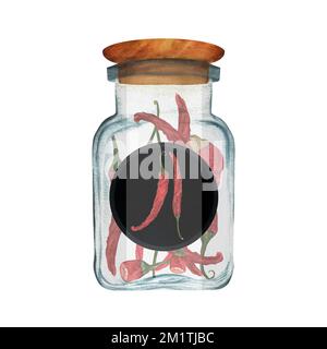Bol en verre aquarelle dessiné à la main avec piment. C'est une partie de la grande série d'épices indiennes Banque D'Images