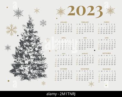 Illustration du vecteur de l'année civile 2023. La semaine commence le dimanche. Modèle du calendrier annuel 2023. Design calendrier en noir et blanc, dimanche en Illustration de Vecteur