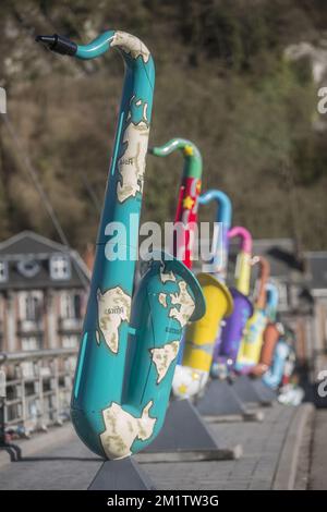 20140205 - BELGIQUE, DINANT: Adolphe Sax était un musicien et designer belge d'instruments de musique qui joua de la flûte et de la clarinette, et est bien connu dans le monde entier pour être l'inventeur du saxophone. 2014 est le 200th anniversaire de la naissance d'Adolphe Sax. PHOTO DANIEL RYS Banque D'Images