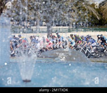 20140212 - AL KHOR CORNICHE, QATAR: Le pack de cavaliers photographiés comme le col une fontaine pendant la quatrième étape de la course de vélo Qatar Tour 2014, 135 km de Dukhan à Mesaieed, Qatar, mercredi 12 février 2014. Le Qatar Tour 2014 aura lieu du 9 au 14 février. Banque D'Images