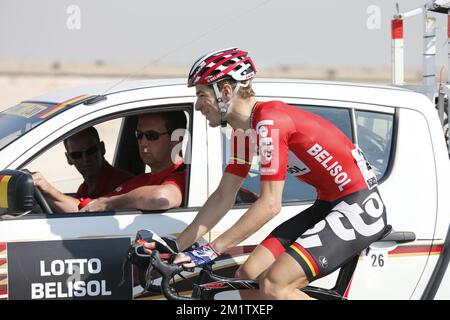 20140213 - FORT AL ZUBARA, QATAR: Jurgen Roelandts Belges de Lotto - Belisol photographié en action pendant la cinquième étape de la course cycliste Qatar Tour 2014, à 159 km de fort Al Zubara à Madinat Al Shamal, Qatar, jeudi 13 février 2014. Le Qatar Tour 2014 aura lieu du 9 au 14 février. Banque D'Images