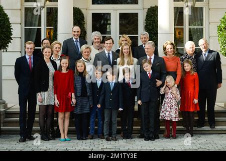 20140215 - BRUXELLES, BELGIQUE: G-D, première rangée, Prince Joachim, princesse Luisa Maria, La princesse Laetitia Maria, la princesse Louise, le prince jumeau Nicolas et le prince Aymeric, le prince Emmanuel, le prince Gabriel, la princesse Eleonore, la princesse Elisabeth, deuxième rangée, princesse Maria Laura, princesse Astrid de Belgique, prince Amedeo, Elisabetta Rosboch von Wolkenstein, roi Philippe - Filip de Belgique, reine Mathilde de Belgique, reine Paola de Belgique, roi Albert II de Belgique et rangée arrière, princesse Claire de Belgique, prince Lorenz de Belgique, non identifié, Comtesse Lilia de Smaecchia et Nobile Ettore Rosbo Banque D'Images