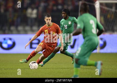 Kevin Mirallas en Belgique et Gervinho en Côte d'Ivoire se battent pour le ballon lors d'un match de football amical entre l'équipe nationale belge les Red Devils et la Côte d'Ivoire, le mercredi 05 mars 2014 à Bruxelles. Banque D'Images