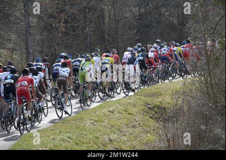 20140311 - MAGNY-COURS, FRANCE: Illustration montre le pack de cyclistes lors de la troisième étape de l'édition 72nd de Paris-Nice course cycliste, 180km de Toucy au circuit de Nevers Magny-cours, mardi 11 mars 2014. Banque D'Images