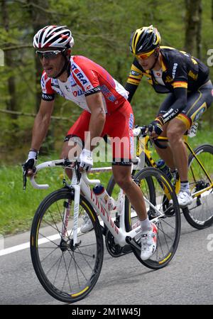 Espagnol Joaquim Rodriguez de l'équipe Katusha photographié en action lors de l'édition 100th de la course cycliste d'une journée Liège-Bastogne-Liège, dimanche 27 avril 2014, à Liège. Banque D'Images