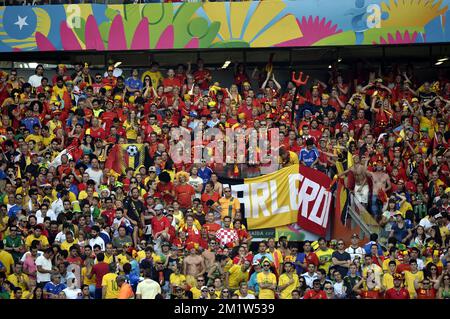 Les supporters de la Belgique photographiés lors d'un match de football entre l'équipe nationale belge les Red Devils et l'Algérie à Belo Horizonte, au Brésil, le premier match du groupe H du premier tour de la coupe du monde de la FIFA 2014, mardi 17 juin 2014. Banque D'Images