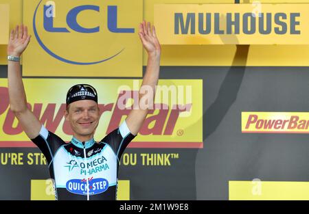 Allemand Tony Martin de l'équipe Omega Pharma - Quick Step célèbre après avoir remporté la phase 9 de l'édition 101st de la course cycliste Tour de France, à 170 km de Gerardmer à Mulhouse, le dimanche 13 juillet 2014, en France. Banque D'Images